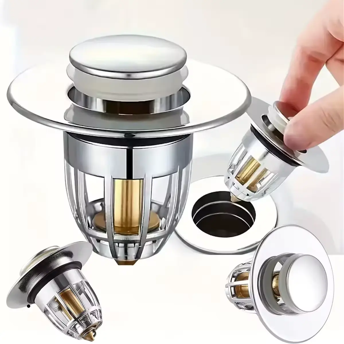 Universal Rebound Drain Plug Filter Basin Pop-up Chrome Sink