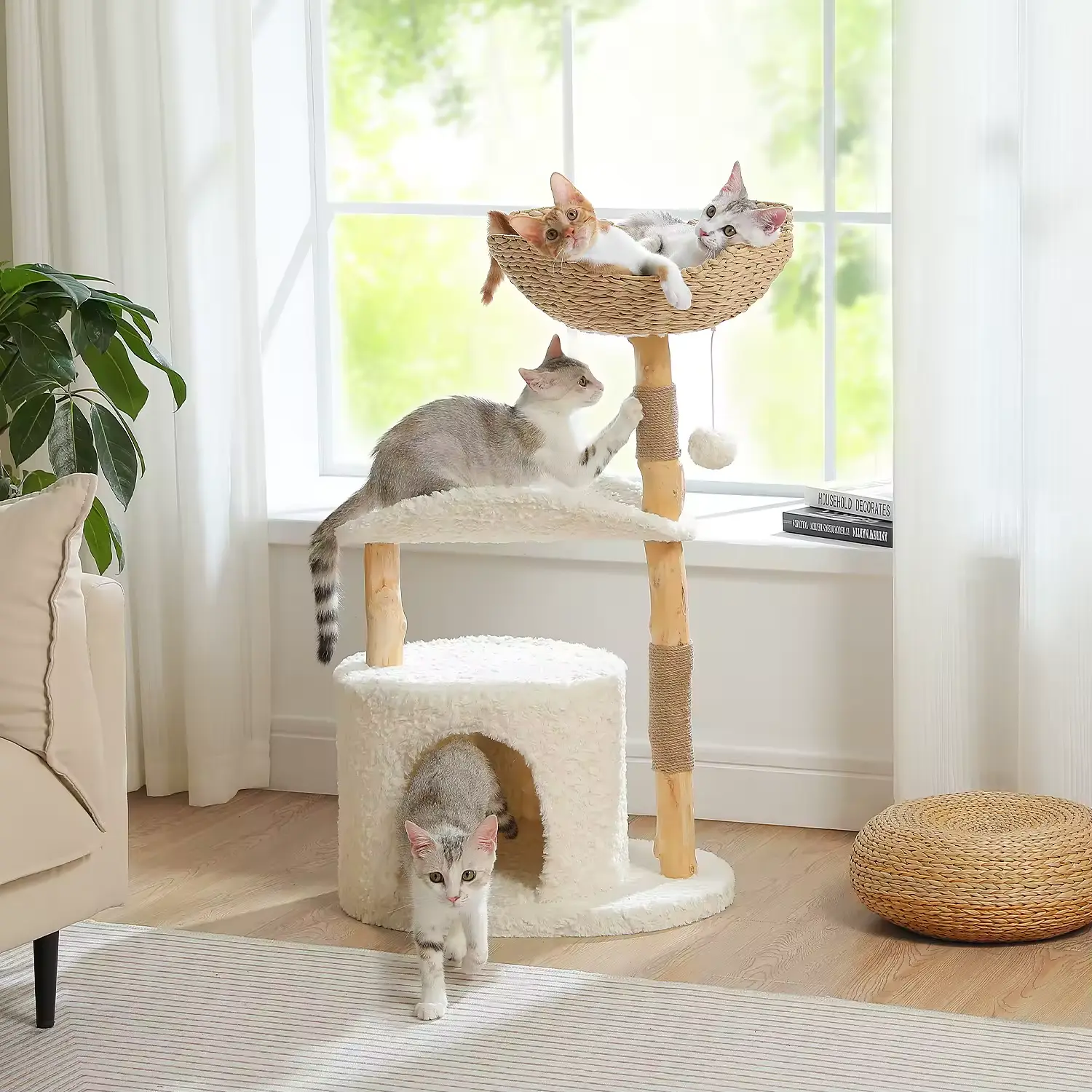 Modern Cat Tree Tower with Natural Solid Wood Scratching Pos