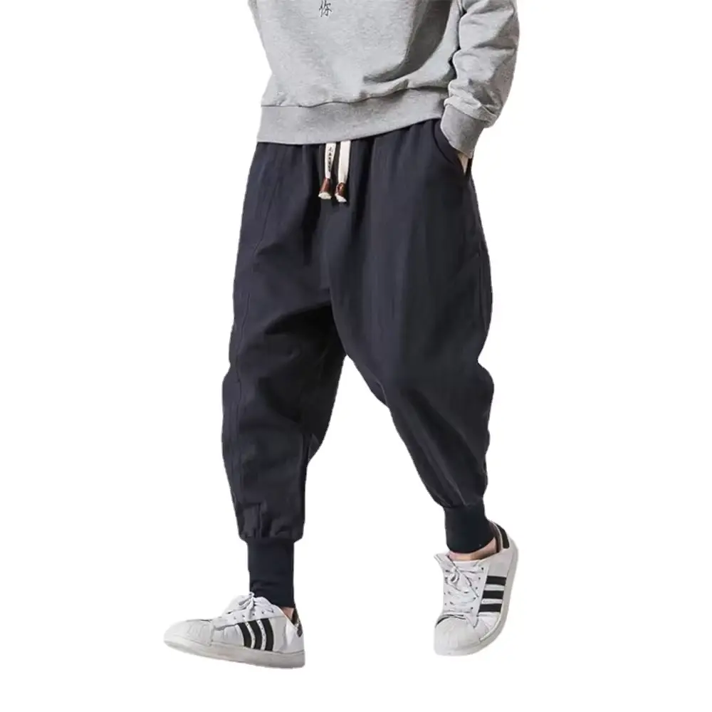 Cotton Linen Harem Pants Men Solid Elastic Waist Streetwear