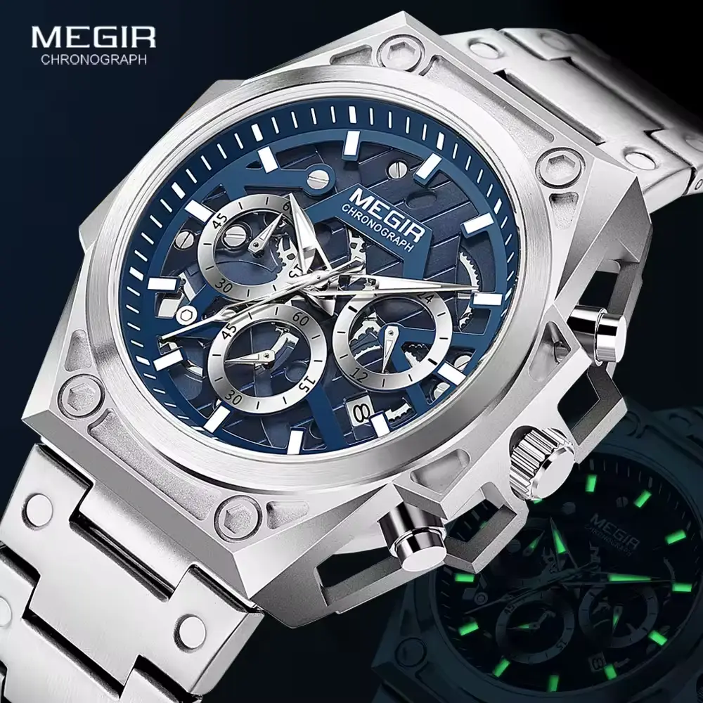 MEGIR Blue Watch Men Stainless Steel Dress Wrist Watch Man W