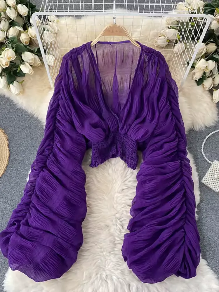 Summer Sexy Draped Chiffon Blouse For Women Elegant V-Neck P