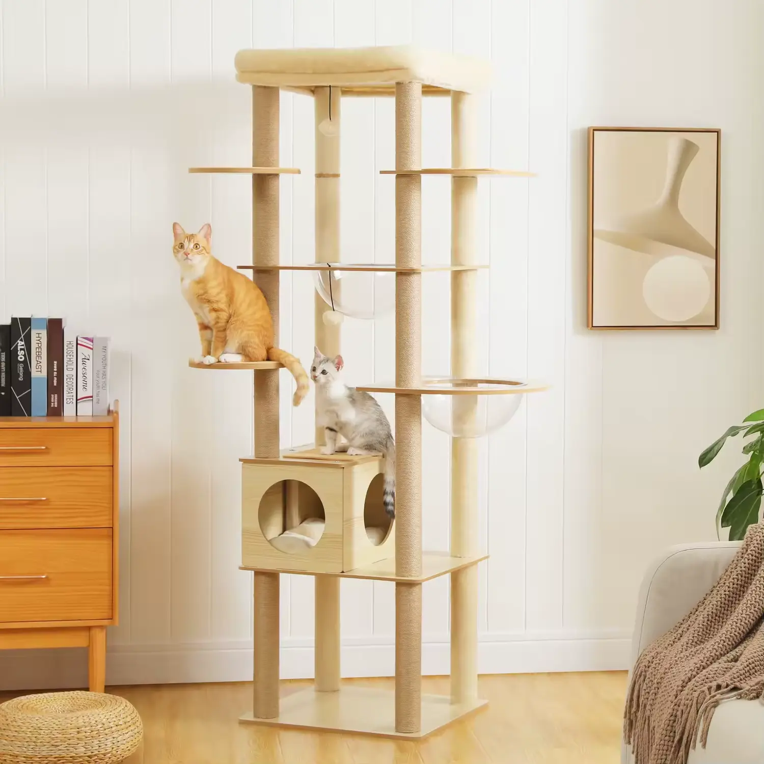 Multi-Level Cat Tree for Indoor Wood Cat Tower with Scratchi