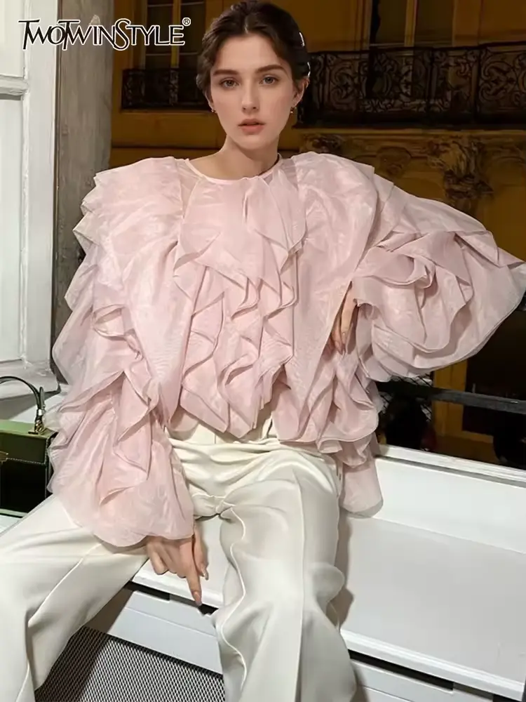 TWOTWINSTYLE Elegant Patchwork Ruffles Chiffon Blouses Women