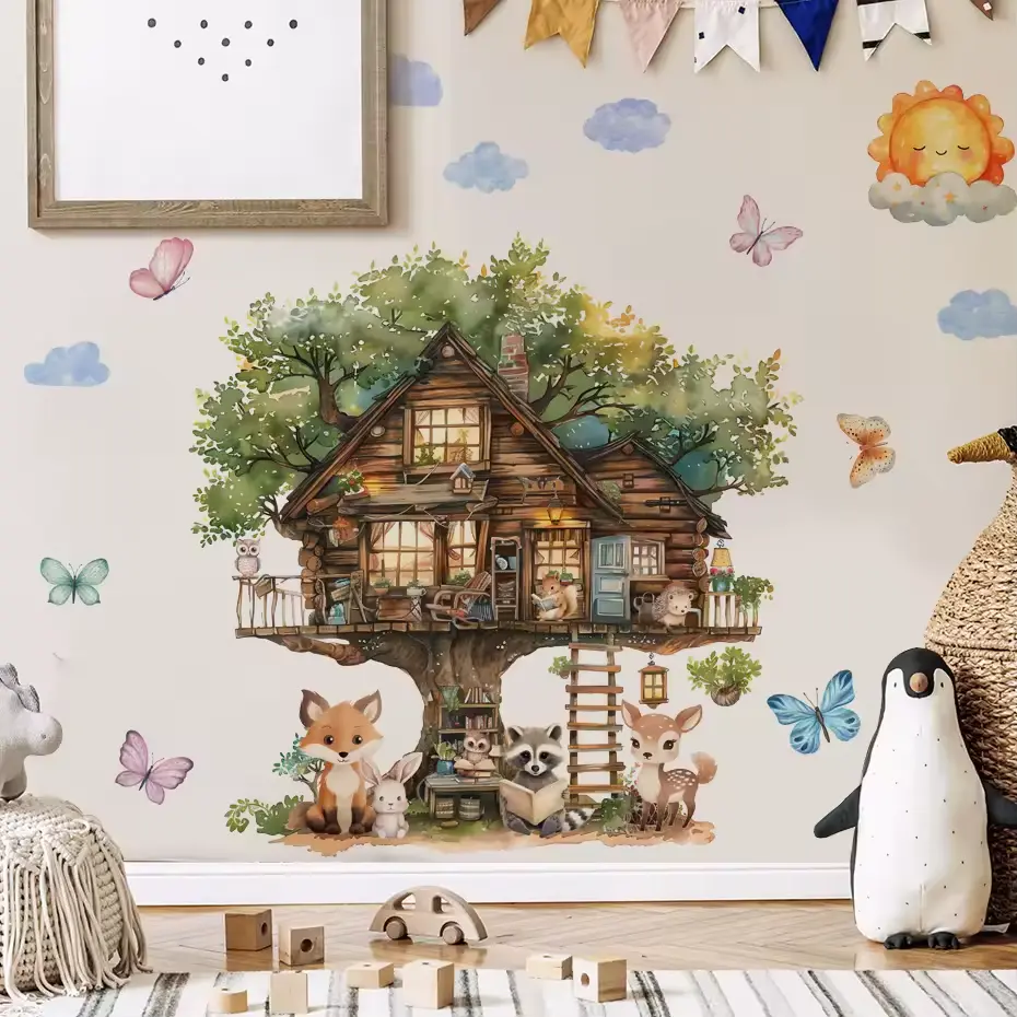 Animals reading in the fairytale tree house Wall Sticker Vin